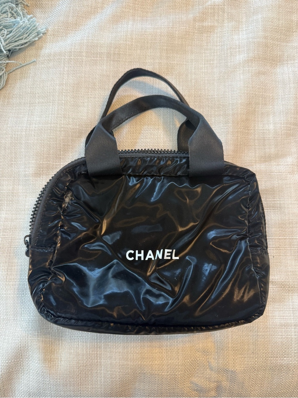 CHANEL Black Patent Logo Handheld Pouch
